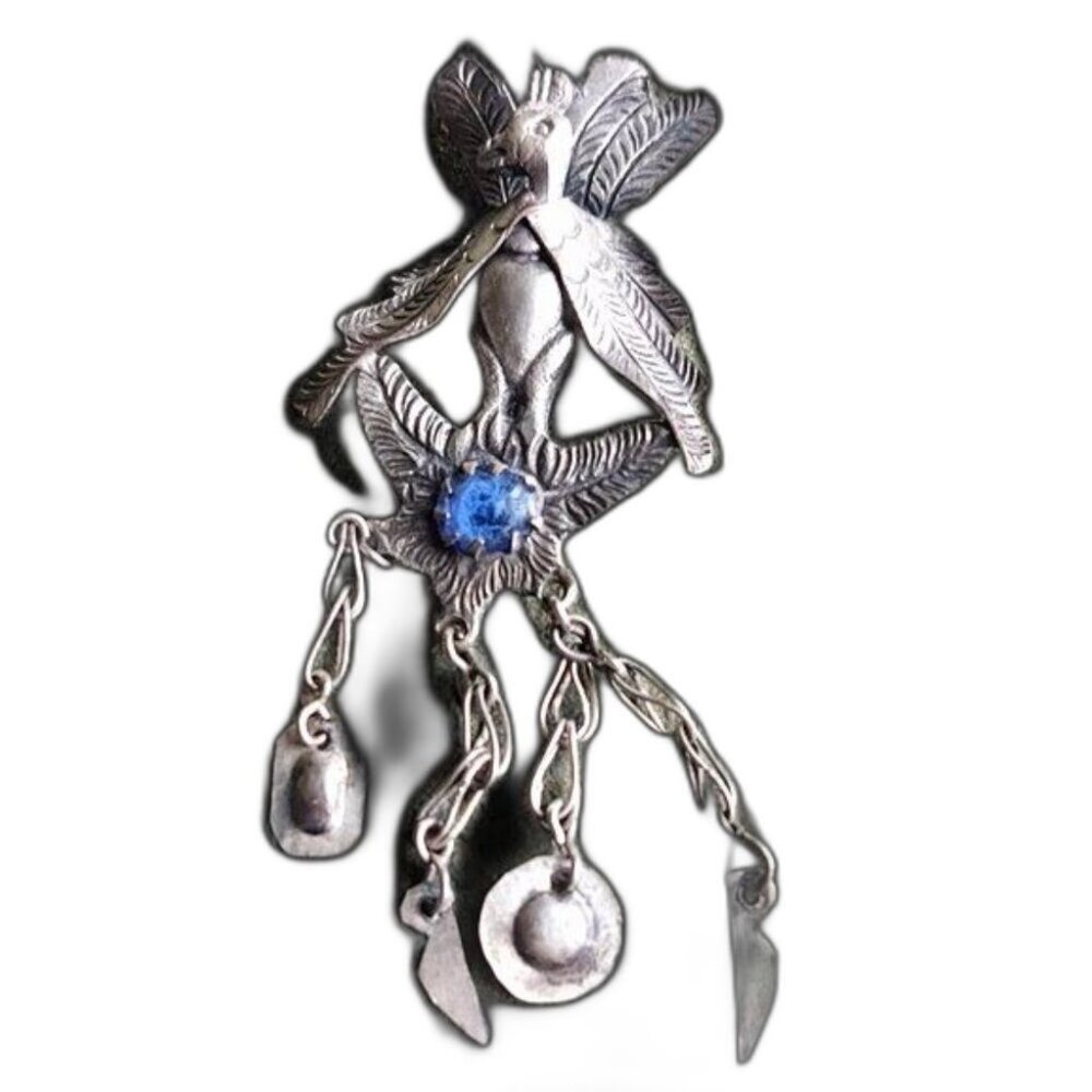 Antique Peruvian Peacock Shawl Pin/Brooch Cabochon Blue Stone Silver Ove… - Picture 4 of 10